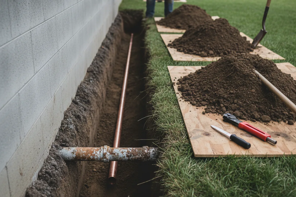 Excavated water line trench during Water Softener Installation in Yellow Springs